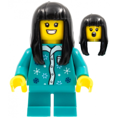 child - girl dark turquoise pajamas top dark turquoise short legs black long hair