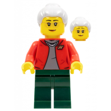 grandmother red jacket dark bluish gray shirt dark green legs light bluish gray hair glasses