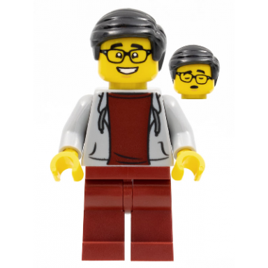 man black hair glasses light bluish gray hoodie dark red shirt and legs