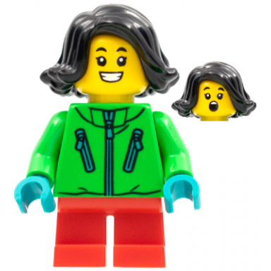 child - girl bright green jacket red short legs black hair