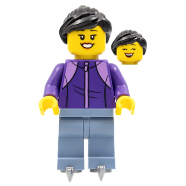 woman black hair dark purple jacket sand blue legs ice skates