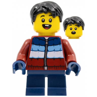 child - boy dark red puffy coat dark blue short legs black hair