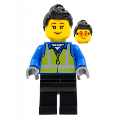 woman black hair blue coat lime safety vest black legs