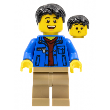 man black hair blue jacket dark red shirt dark tan legs