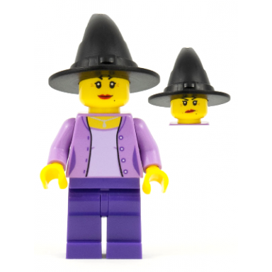 woman medium lavender jacket with necklace dark purple legs black wizard witch hat