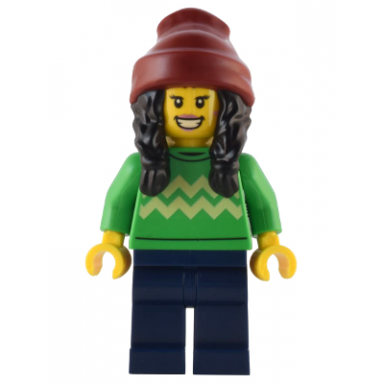 holiday shopper - female bright green sweater with bright light yellow zigzag lines dark blue legs dark red beanie with black hair