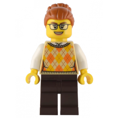 santas toys and games store owner - female tan knit argyle sweater vest dark brown legs dark orange hair with bun glasses