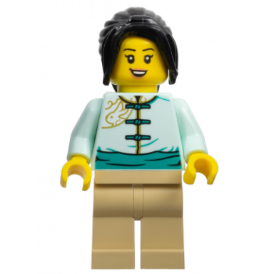 lunar new year parade participant - female light aqua tang jacket tan legs black hair