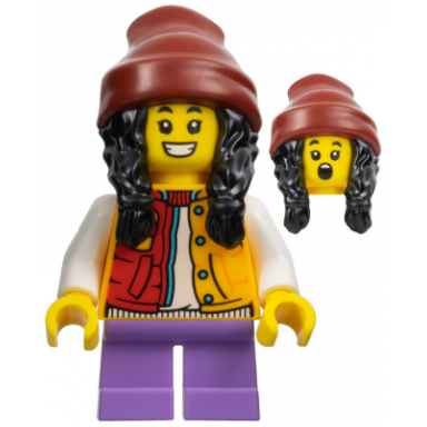 child - girl red and bright light orange jacket medium lavender short legs dark red beanie with black hair