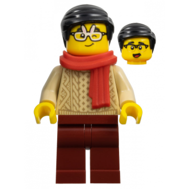 lunar new year parade spectator - male red scarf tan sweater dark red legs black hair rabbit glasses