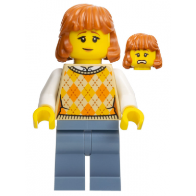 lunar new year parade spectator - female tan knit argyle sweater vest sand blue legs dark orange hair