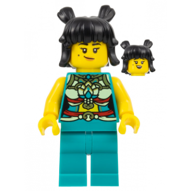 lunar new year parade participant - musician female ornate dark turquoise costume black space buns