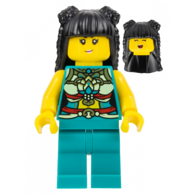 lunar new year parade participant - musician female ornate dark turquoise costume black long hair