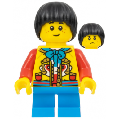 child - boy yellow monkey king jacket dark azure short legs black mop top freckles