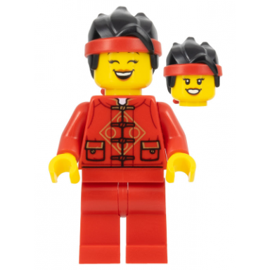 lunar new year parade participant - female red tang jacket red legs black hair with red headband