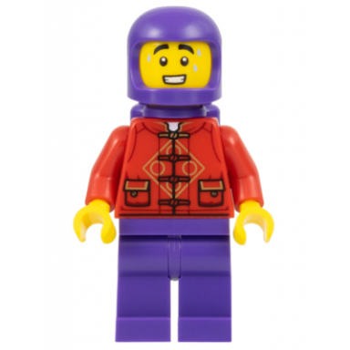 lunar new year parade participant - male red tang shirt dark purple legs space helmet and air tanks
