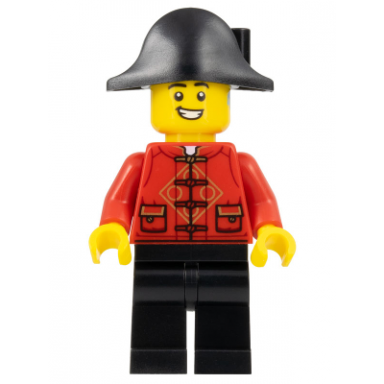 lunar new year parade participant - male red tang shirt black legs pirate bicorne hat