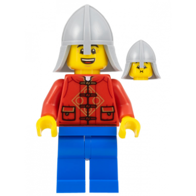 lunar new year parade participant - male red tang shirt blue legs castle guard helmet with neck protector