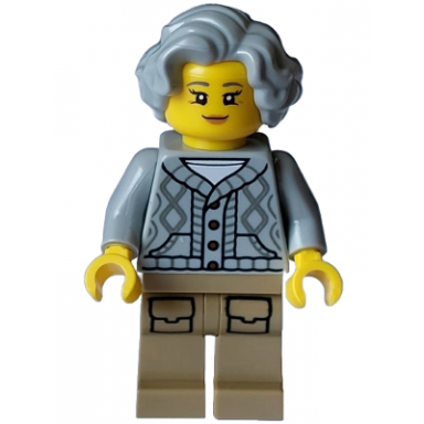 lodge owner - female light bluish gray knit cable cardigan sweater dark tan legs with pockets wavy hair