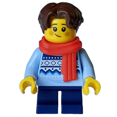 child - girl bright light blue knit fair isle sweater dark blue short legs dark brown hair freckles red scarf