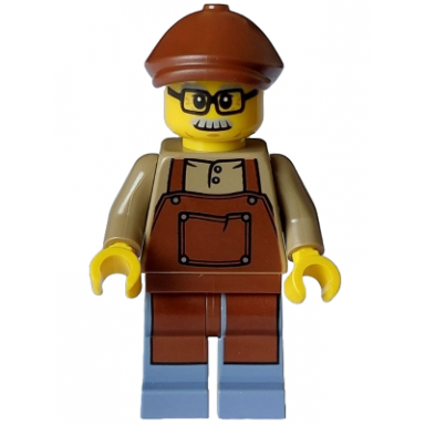 lodge owner - male dark tan shirt with reddish brown apron sand blue legs reddish brown flat cap moustache glasses
