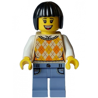 tourist - female tan knit argyle sweater vest sand blue legs with pockets black bob cut hair freckles
