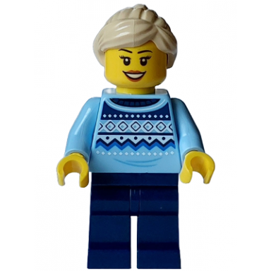 winter market stall vendor - female bright light blue knit fair isle sweater dark blue legs tan ponytail