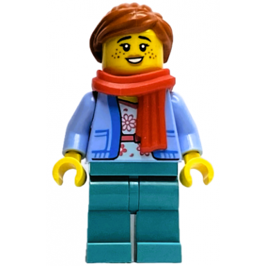 wintertime carriage passenger - female bright light blue jacket over white shirt with coral flowers dark turquoise legs dark orange ponytail freckles red scarf