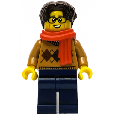 wintertime carriage passenger - male medium nougat argyle sweater dark blue legs dark brown hair glasses red scarf