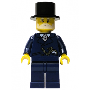 wintertime carriage driver - male dark blue suit with gold chain and watch white beard and moustache black top hat