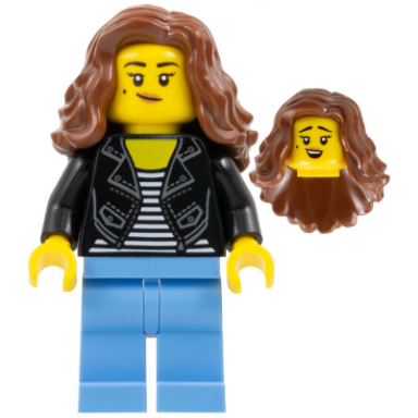 woman - black jacket over striped shirt medium blue legs reddish brown long hair