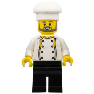 chef - jacket with bright light orange trim gold buttons and dragon on back black legs dark bluish gray beard