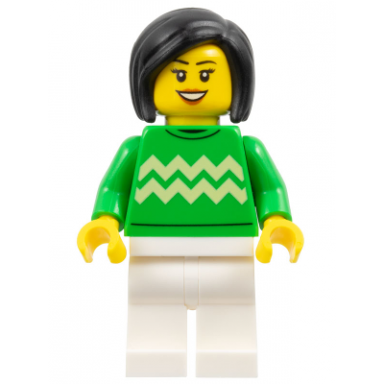woman - bright green sweater with bright light yellow zigzag lines white legs black hair