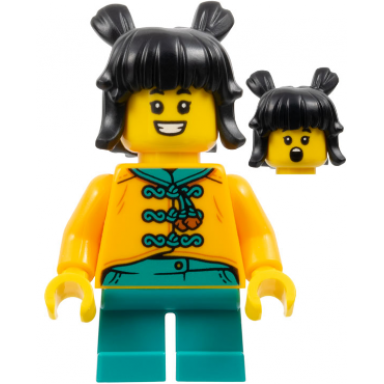 child - girl bright light orange tang jacket dark turquoise short legs black hair with buns