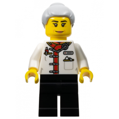 restaurant worker - female white uniform jacket black legs light bluish gray hair with top knot bun