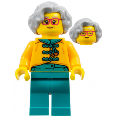 flower seller - female bright light orange tang jacket dark turquoise legs light bluish gray hair red glasses