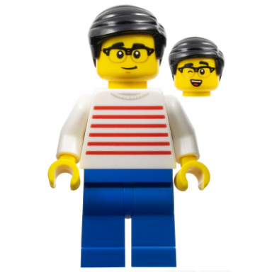 man - white sweater with red horizontal stripes blue legs black hair glasses