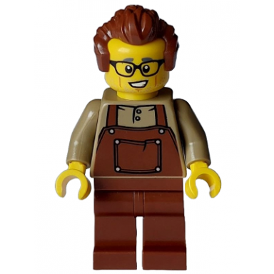 man - reddish brown hair dark tan shirt reddish brown overalls and legs black glasses