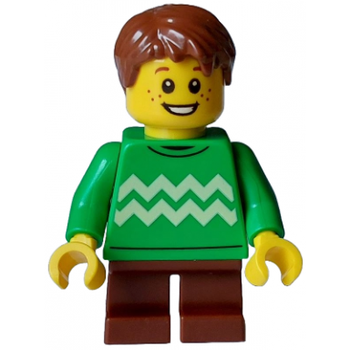 child - boy bright green sweater with bright light yellow zigzag lines reddish brown short legs and hair tousled with side part freckles