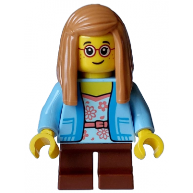 child - girl bright light blue jacket over white shirt with coral flowers reddish brown short legs medium nougat hair long red glasses