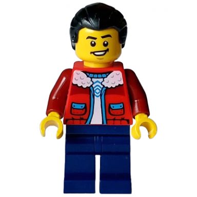 man - red jacket with white fleece collar dark blue legs black hair ponytail