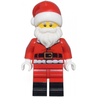 santa - fur lined jacket with 2 wrinkles on back red legs with black boots santa hat with molded red top
