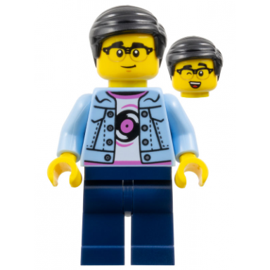 man - bright light blue jacket white shirt with record dark blue legs black hair glasses