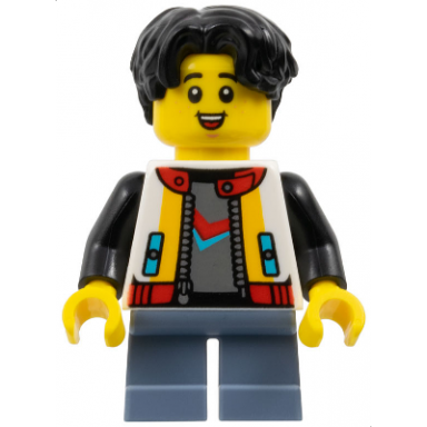 child - boy white jacket with black sleeves sand blue short legs black hair