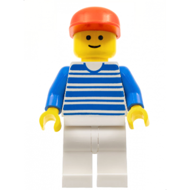 horizontal lines blue - blue arms - white legs red cap