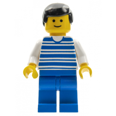 horizontal lines blue - white arms - blue legs black male hair white arms