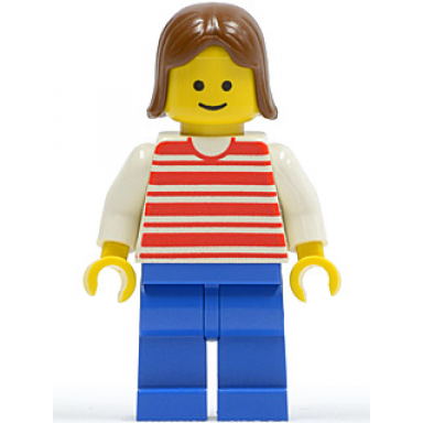 horizontal lines red - white arms - blue legs brown female hair