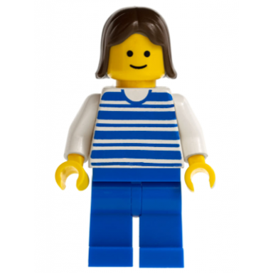 horizontal lines blue - white arms - blue legs brown female hair