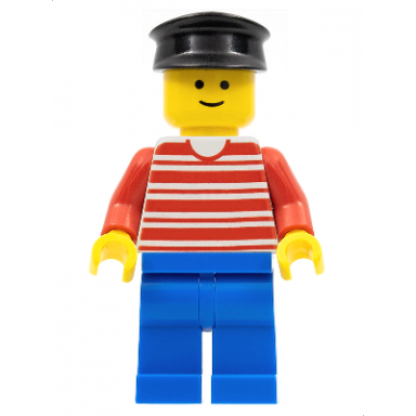 horizontal lines red - red arms - blue legs black hat