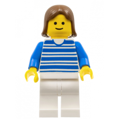 horizontal lines blue - blue arms - white legs brown female hair